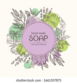 Background with handmade soap, lavender, aloe and tea tree. Organic cosmetic natural soap. Vector hand drawn illustration.