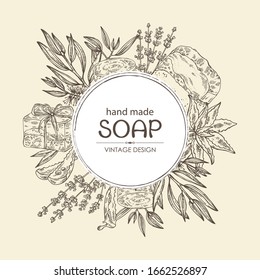 Background with handmade soap, lavender, aloe and tea tree. Organic cosmetic natural soap. Vector hand drawn illustration.
