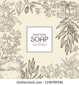 Background with handmade soap, tea tree, sandalwood and ylang ylang. Organic cosmetic natural soap. Vector hand drawn illustration.