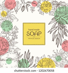 Background with handmade soap, tea tree, sandalwood and ylang ylang. Organic cosmetic natural soap. Vector hand drawn illustration.