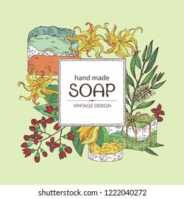 Background with handmade soap, tea tree, sandalwood and ylang ylang. Organic cosmetic natural soap. Vector hand drawn illustration.