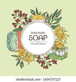 Fondo con jabón artesanal, árbol de té, sándalo y ylang. Jabón natural cosmético orgánico. Ilustración dibujada a mano por vectores.