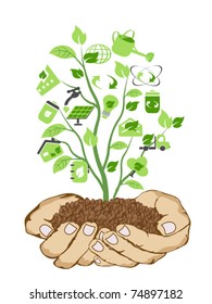 the background of hands holding green icons