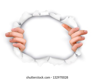 Background with hands showing trough a hole of in white paper. Vector.