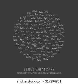 Background with handwritten chemical formulas, inorganic molecules - vector illustration, hand drawn chemistry vector pattern with formulas of different molecular combinations, I love Chemistry