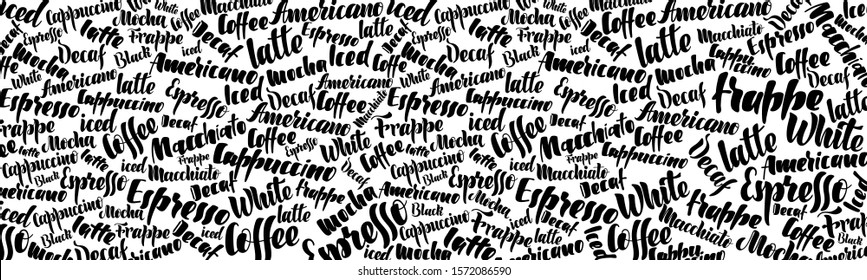 Background with handwritten coffee names - vector illustration. Napkin, cup holder, sticker on the cup, coffee to go, tablecloth, poster, menu, coffee card. For coffee houses and cafes.