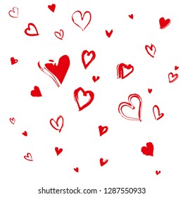 Background of handwritten red hearts creating a chaotic pattern. Imitation of drawing with a stiff brush template of red hearts for Valentine's Day. Vector template for romantic design.
