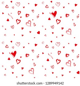 Background of handwritten red hearts creating a chaotic pattern. Imitation of drawing with a stiff brush template of red hearts for Valentine's Day. Vector template for romantic design.
