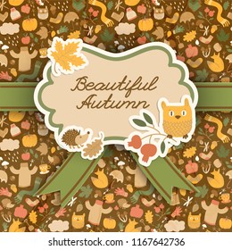 Background with handwritten style text in a shape with ribbon and decorative autumn stickers and seamless pattern vector illustration