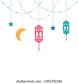 Background with hanging crescent moon, stars, lanterns for muslim community festival, Eid Mubarak celebration