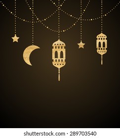 Background with hanging crescent moon, stars, lanterns for muslim community festival, Eid Mubarak celebration