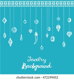 Background with hanging diamonds. Hand drawn elements. Abstract border with gems and tribal ornament. Template for card, invitation or poster. Copy space. Vector illustration.