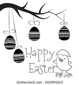 Background with hanging Easter eggs. Hand-drawn decorative elements in vector. Pattern for adult coloring book. Black and white.