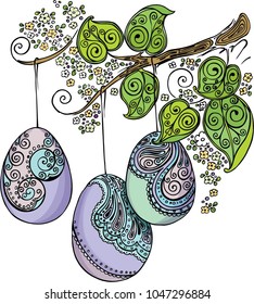 Background with hanging Easter eggs. Hand-drawn decorative elements in vector.