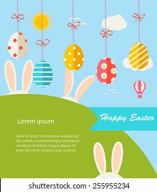 Background with hanging eggs, rabbits and landscape, vector illustration. Happy easter greeting card 