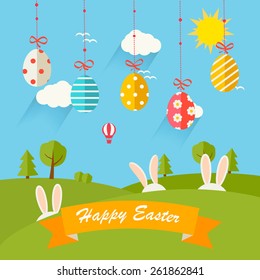 Background with hanging eggs, rabbits and landscape, vector illustration. Happy Easter greeting card