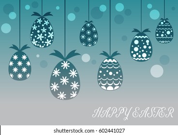 background with hanging eggs, vector illustration. happy easter greeting card