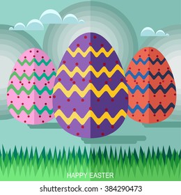 Background with hanging eggs,landscape, vector illustration. Happy Easter greeting card