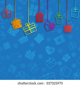 Background with hanging gift boxes, multicolored on blue