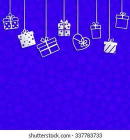 Background with hanging gift boxes, white on blue