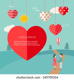 Background with hanging hearts and landscape, vector illustration.  