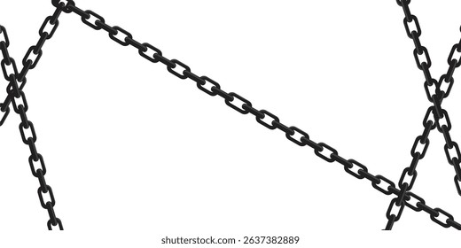 Background hanging heavy metal chains isolated on white background. Curved, wavy, arcing straight, stretched chains. Barrier, protection, prison, or prohibition. Vector illustration