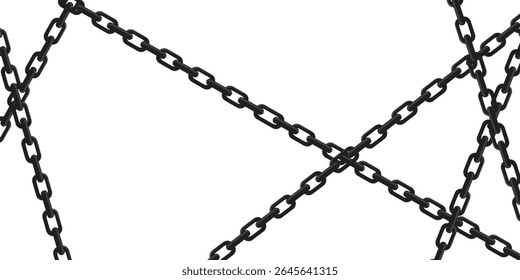 Background hanging heavy metal chains isolated on white background. Curved, wavy, arcing straight, stretched chains. Barrier, protection, prison, or prohibition. Vector illustration