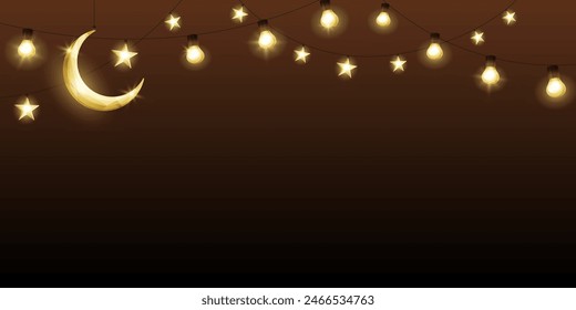 Fondo con bombillas colgantes, estrellas y media luna. Guirnalda de las fiestas musulmanas, marco festivo. Decoración para la celebración de Eid, Ramadán o Al-Adha. Vector.