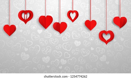 Background with hanging paper volume hearts, red on gray