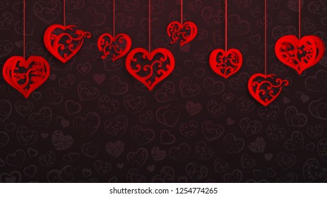Background with hanging paper volume hearts with curls, red on dark vinous