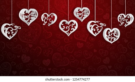 Background with hanging paper volume hearts with curls, white on red