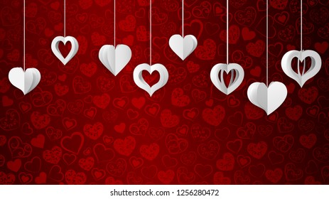 Background with hanging paper volume hearts, white on red