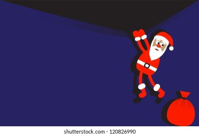 Background with hanging Santa Claus and a bag of gifts