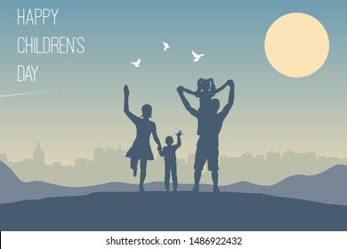 Background for Happy Children’s Day or poster for family travel. Daughter on a shoulders of his father. Mother and son holding hands. Three white doves over people and a plane flying far away.