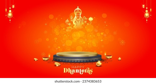 Background of Happy Dhanteras. Indian festival of Goddess Lakshmi puja and Golden Podium Vector illustration.