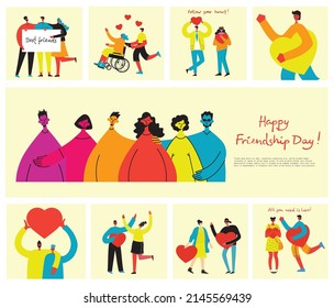Background with happy diverse hugging people. Concept of friendship day, unity. Celebration or congratulation of multiracial students or friends.