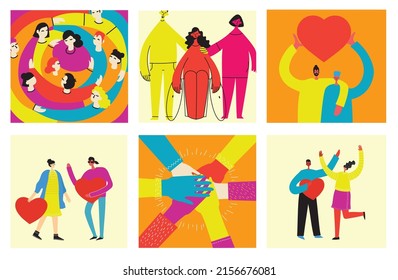 Background with happy diverse hugging people. Concept of friendship day, unity. Celebration or congratulation of multiracial friends.