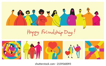 Background with happy diverse hugging people. Concept of friendship day, unity. Celebration or congratulation of multiracial friends.