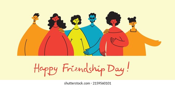 Background with happy diverse hugging people. Concept of friendship day, unity. Celebration or congratulation of multiracial friends.