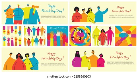 Background with happy diverse hugging people. Concept of friendship day, unity. Celebration or congratulation of multiracial friends.