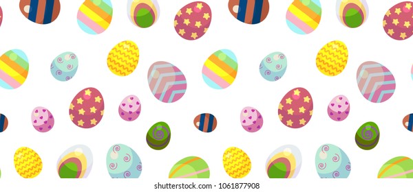 background for happy Easter day. The decorative Easter eggs with different patterns and different sizes on a white background.