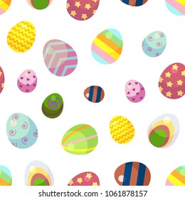 background for happy Easter day. The decorative Easter eggs with different patterns and different sizes on a white background.