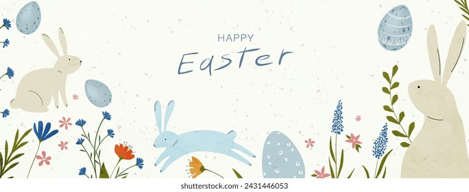 Background Happy Easter. Vector modern hand drawn pattern design for Easter holiday with Easter eggs, bunnies, spring flowers for banner design, greetings, invitations, cover