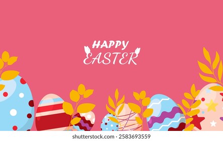 Background Happy Easter.Modern colorful Easter background concept design,illustration with hand drawn eggs, flowers,bunny.Trendy banner for design of party, flyer,event,celebration,ad,cover,card,sale