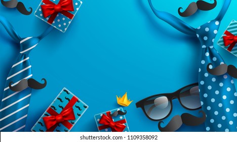 Background for Happy Father's Day with necktie,glasses and gift box for dad.Greetings and presents.Vector illustration EPS10