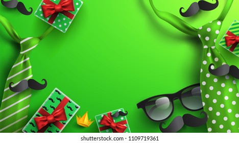 Background for Happy Father's Day with necktie,glasses and gift box for dad.Greetings and presents.Vector illustration EPS10