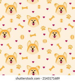 Background with happy funny dog Pembroke Welsh Corgi, paws, balls, bones and hearts, Vector seamless dog pattern, cute vector repeating print, wrapping