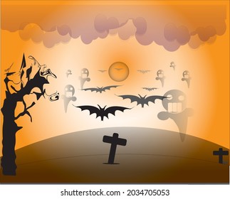 background happy Halloween banner or party invitation background with night clouds and pumpkins in paper cut style. Vector illustration. Full moon in the sky spiders web and flying bats. Place for te - Shutterstock ID 2034705053