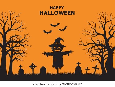 Background Happy Halloween Night with Spooky Scarecrow, Bare Trees, and Graveyard. Vector illustration