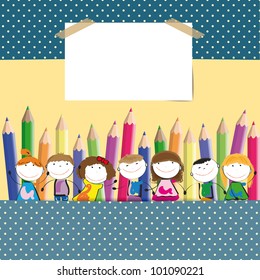 Background with happy kids and colorful crayons